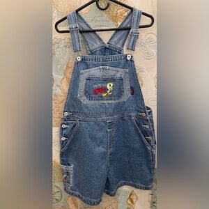 VTG Y2K Looney Tunes Tweety Denim Overall Shorts Rare WB Cell Phone Pocket XL
